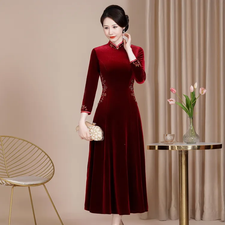 秋冬高贵气质喜婆婆长款长袖婚礼旗袍大码显瘦中国风宴会妈妈礼服