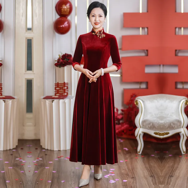 春秋高贵气质喜婆婆婚礼长款旗袍大码妈妈新中式改良婚宴大摆礼服