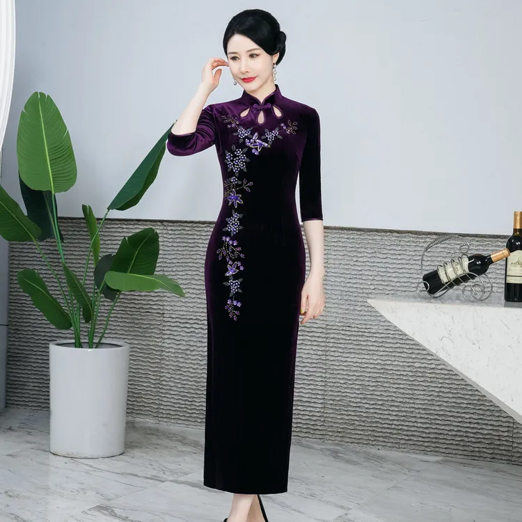 秋冬改良丝绒时尚长款气质喜婆婆敬酒服高档优雅中国风走秀礼服