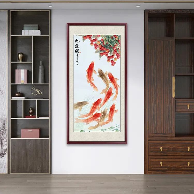九鱼图荷花鲤鱼图玄关装饰画新中式走廊过道壁画竖版客厅餐厅挂画