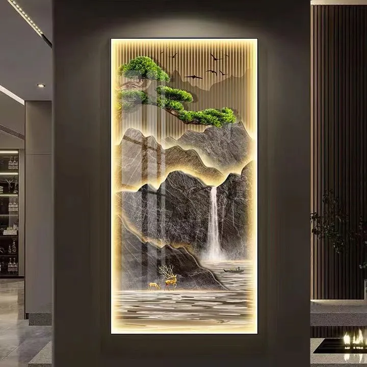 新款玄关画高山流水-迎客松-聚-寳盆新中式办公室现大气挂画手工