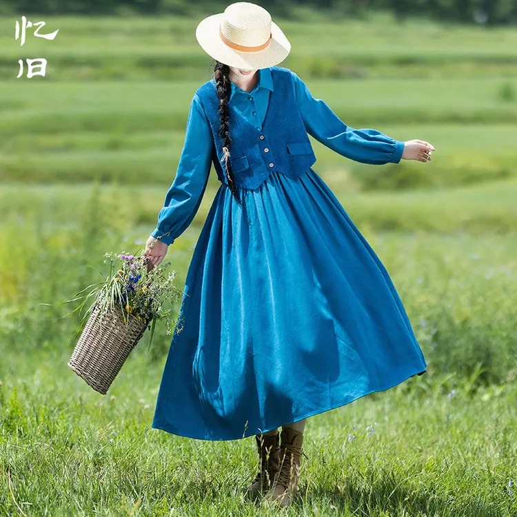 【一叶舟】衬衣领拼接假两件连衣裙女2024秋季修身复古设计感蓝裙