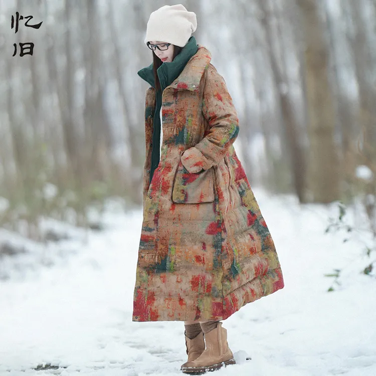 【日暮邮刊】复古假两件保暖羽绒服女2025冬亚麻印花长款白鸭绒外套