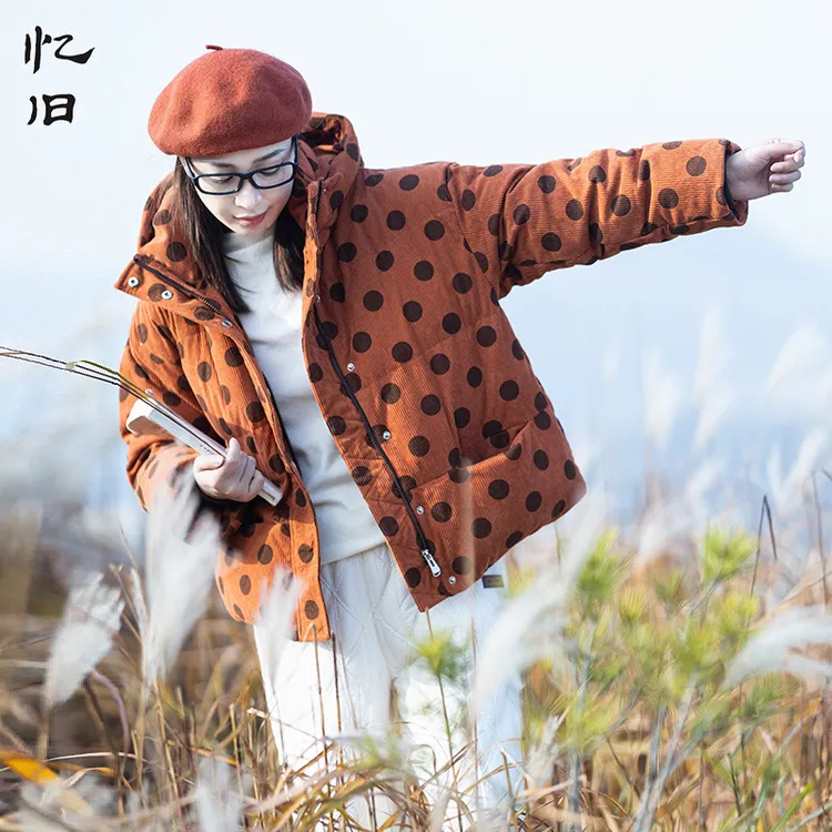 【霞光万道】复古波点小款羽绒服女连帽减龄灯芯绒2024年冬季外套