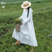现货3130【白露暧空】春秋季长袖连衣裙女拼接刺绣花边裙白色长裙