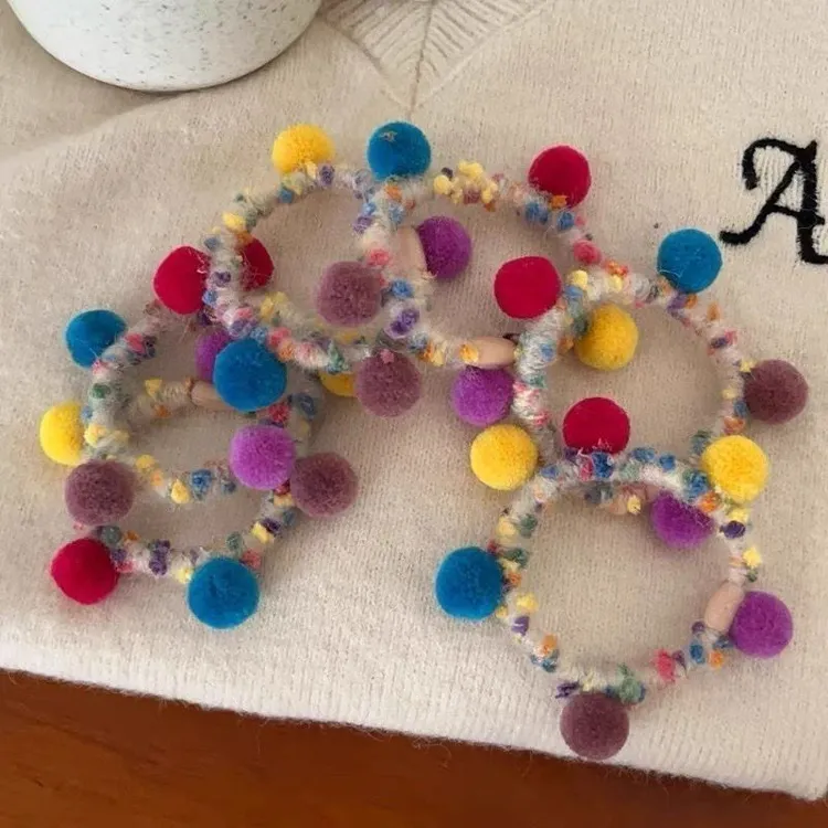 撞色毛球发绳可爱百搭发圈头绳毛线编织皮筋扎马尾发饰少女头饰品