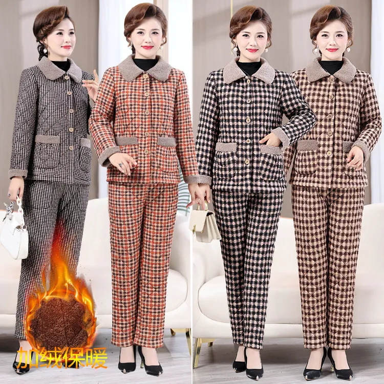 原版2023秋冬季新款加绒棉袄套装妈妈洋气加厚保暖短棉衣两件套女