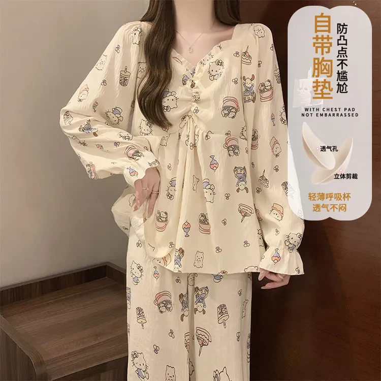 日系睡衣女春秋季长袖梭织棉带胸垫可爱KT猫萌妹套装秋冬家居服