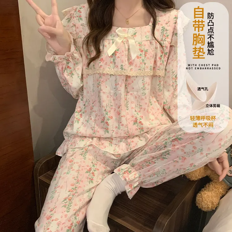 带胸垫2025新款睡衣女款春秋季甜美碎花田园风可外穿家居服套装冬