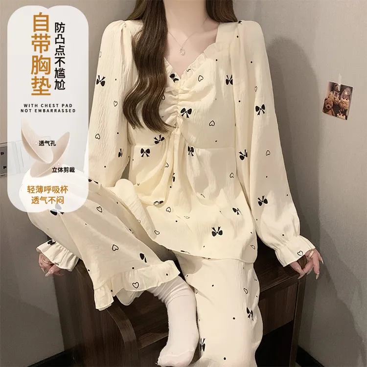 带胸垫睡衣女春秋长袖梭织棉甜美蝴蝶结套装秋冬新款网红风家居服