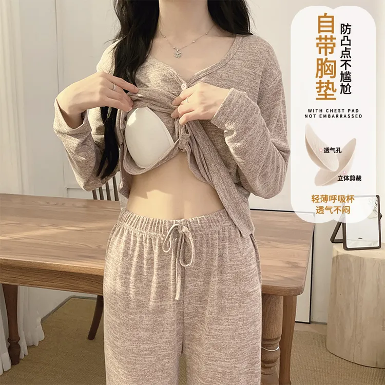 ins睡衣女春秋季长袖带胸垫一体式秋冬刺绣字母学生家居服套装夏