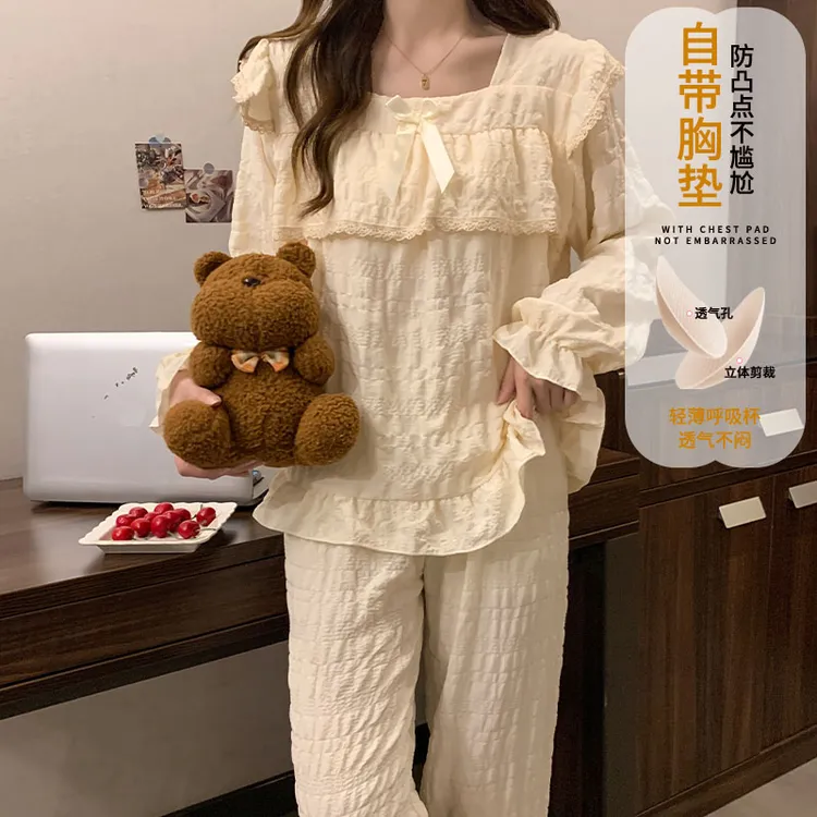 2025新款带胸垫一体睡衣女款春秋季高级感纯色可外穿家居服套装冬
