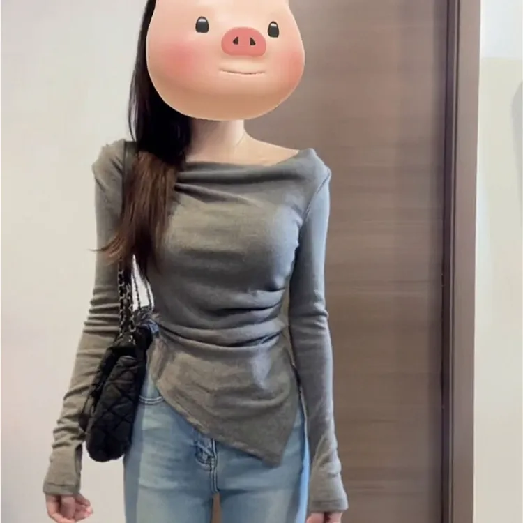 不规则一字肩上衣灰色打底衫女春秋内搭修身显瘦辣妹长袖t恤上衣
