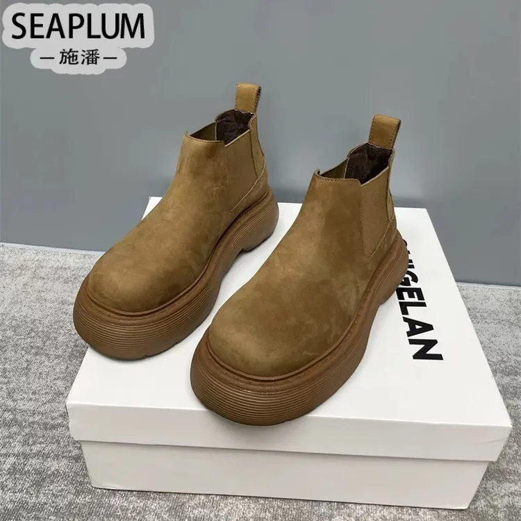 SEAPLUM网红2025加绒新款厚底百搭短靴女时尚显瘦切尔西靴磨砂圆