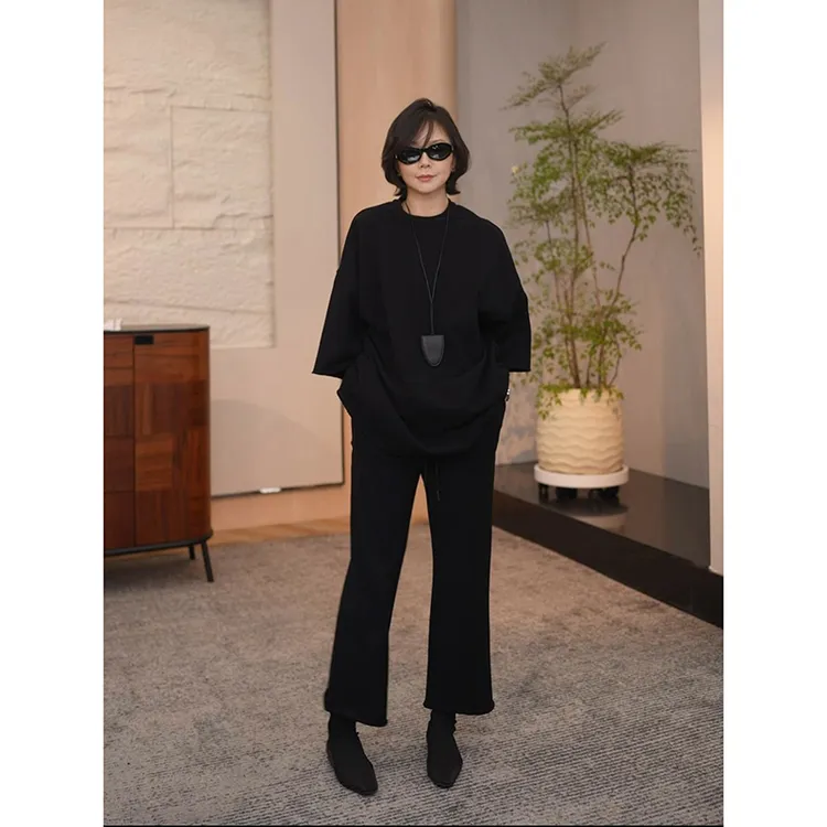 SHIIEELL【拿捏松弛感】散边立裁松紧抽绳腰头宽松阔腿卫裤P717K