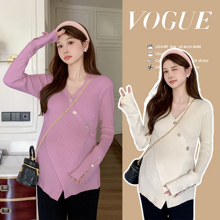 可哺乳百搭孕妇装上衣长袖打底衫大码针织毛衣时尚修身不规则上衣