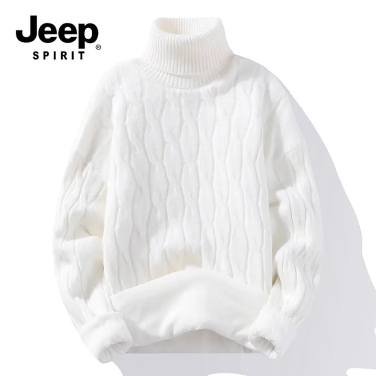 吉普高领毛衣男春季加绒加厚白色保暖针织衫潮牌内搭春款打底衫