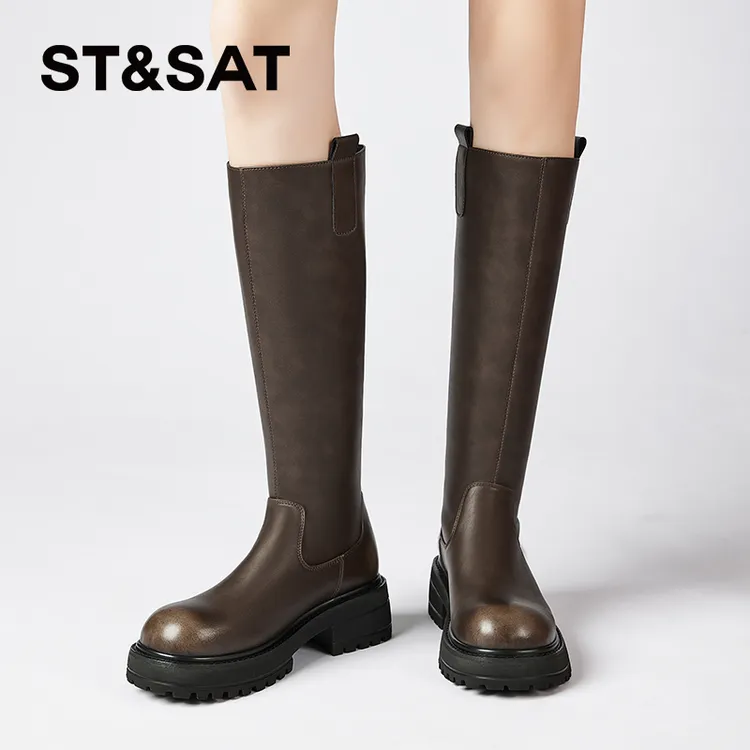 星期六厚底长筒靴女2024新款秋冬季时尚粗跟圆头小个子显瘦骑士靴
