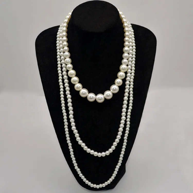 不锈钢仿珍珠项链 复古多层大小珍珠项链个性长款毛衣链新娘颈链