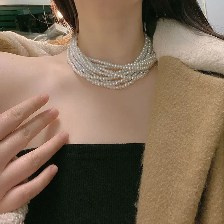 合金项链 多层珍珠项链女高级设计感小众短款锁骨链