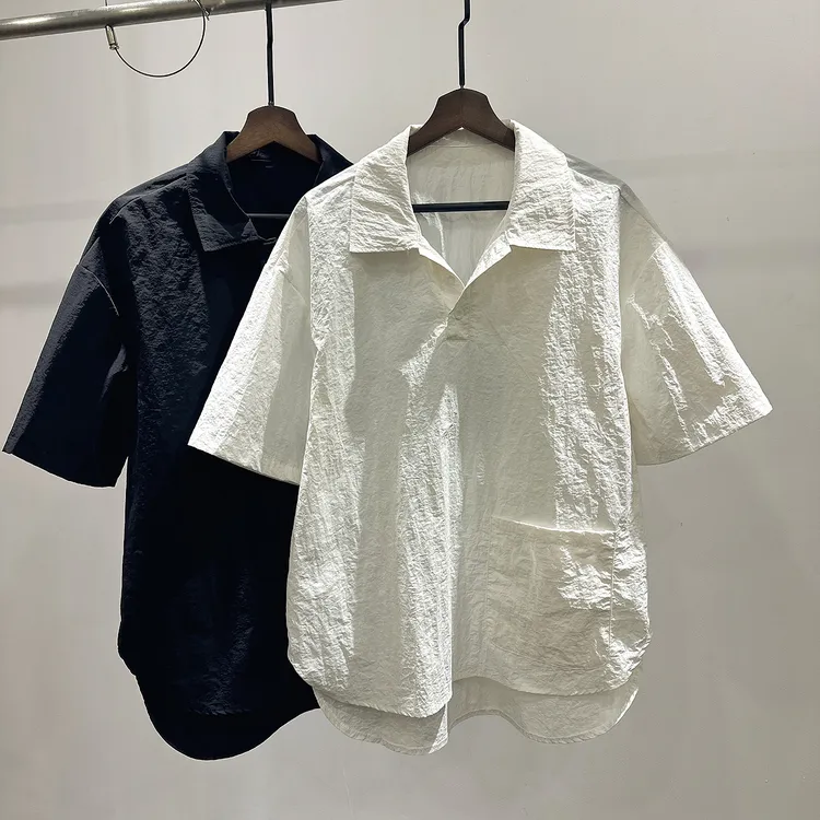 夏季男士套头翻领短袖纯色衬衫宽松港风INS博主潮牌简约休闲衬衣