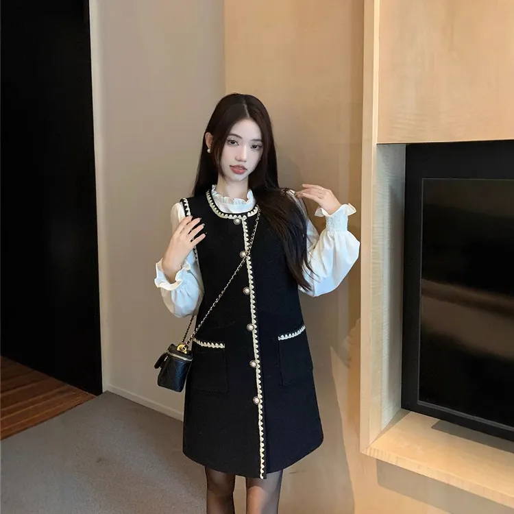 千金小香风背心连衣裙两件套女春季法式高级感黑色花边显瘦短裙子