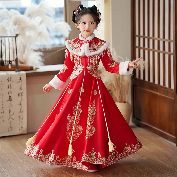 儿童汉服加绒加厚中国风女童拜年服唐装小女孩古风冬季长款连衣裙