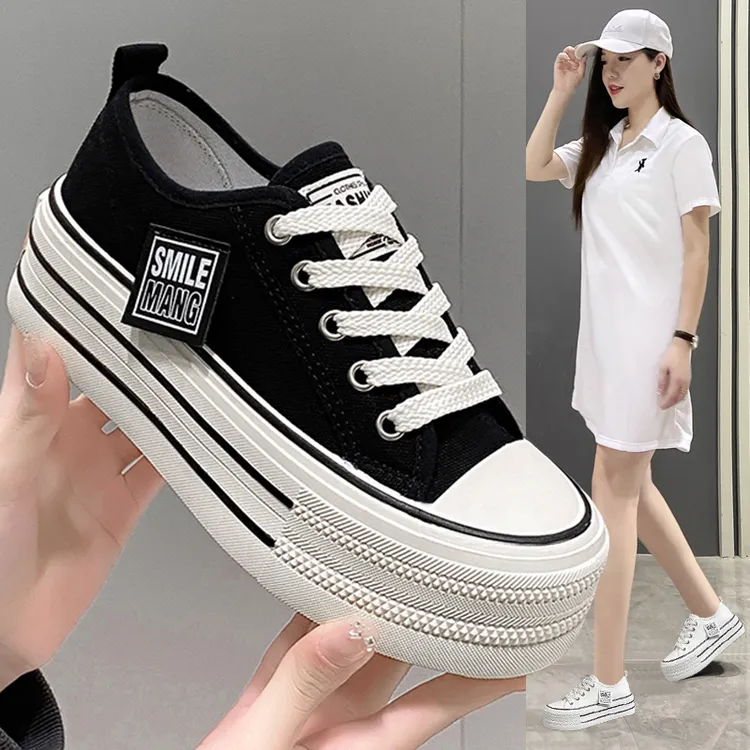 网红帆布鞋女休闲外穿韩版增高圆头百搭板鞋鞋子女ins潮牌百搭
