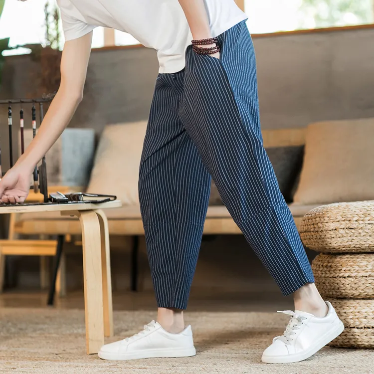 夏季亚麻裤男宽松薄款条纹九分裤潮流运动灯笼裤棉麻直筒哈伦裤子