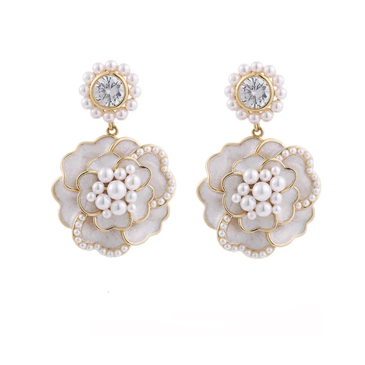 铜合金仿珍珠耳饰 气质名媛优雅时尚山茶花小众耳环白色轻奢E47
