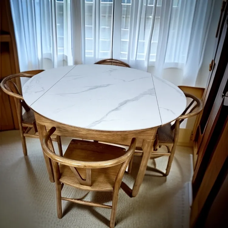 岩面白蜡木家用可伸缩功能台方圆两用圆形实木吃饭桌餐桌