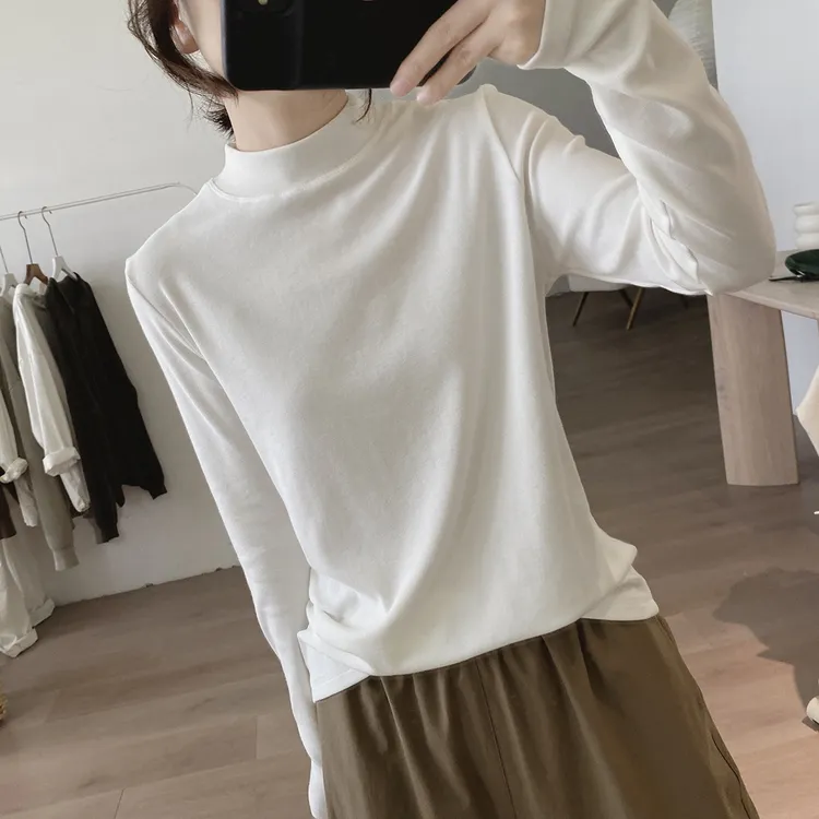 高品质~内搭打底衫半高领白色2025春秋新款简约显瘦长袖t恤女上衣