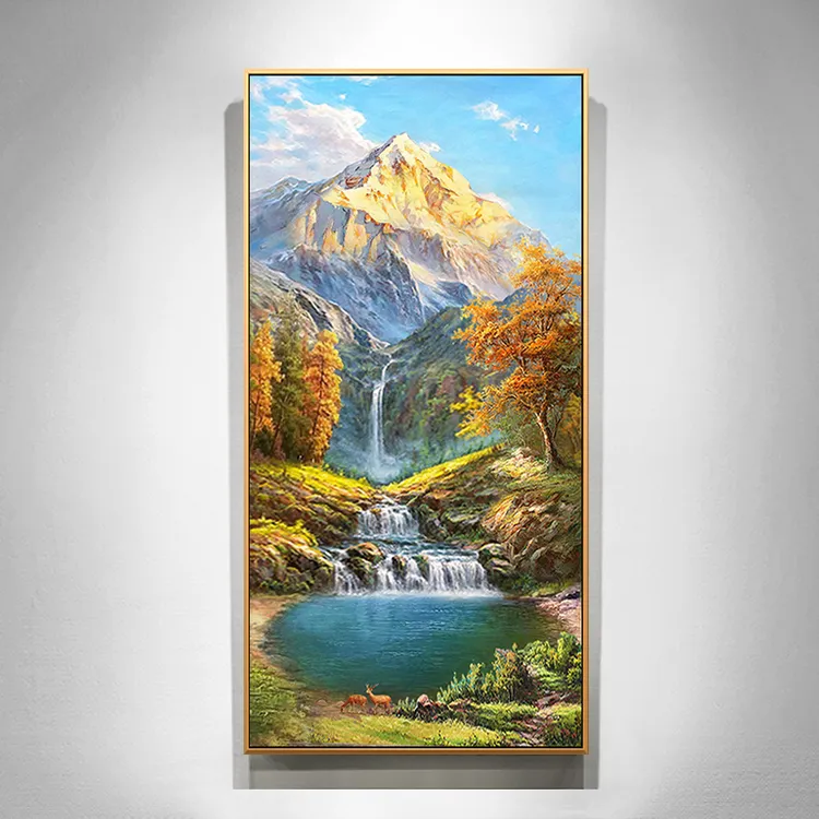 东江源手绘油画玄关装饰画风景山水画聚宝盆欧式美式挂画高山流水