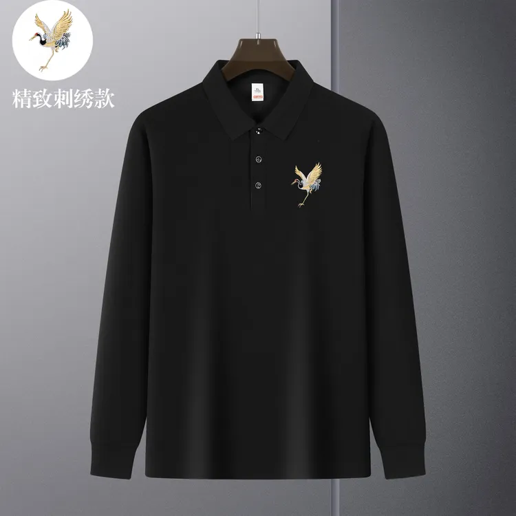 仙鹤刺绣男装2024款长袖潮牌polo衫翻领长袖宽松ins潮流网红百搭