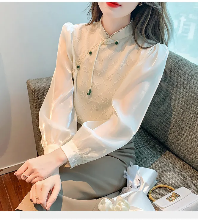 新中式国风复古雪纺衬衫女士2024春季新款高级感气质盘扣旗袍上衣