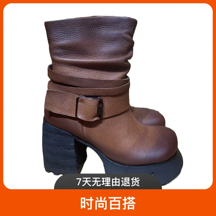 单靴筒靴时装靴时尚百搭真皮复古棕色粗跟高跟方头厚底秋冬圆头