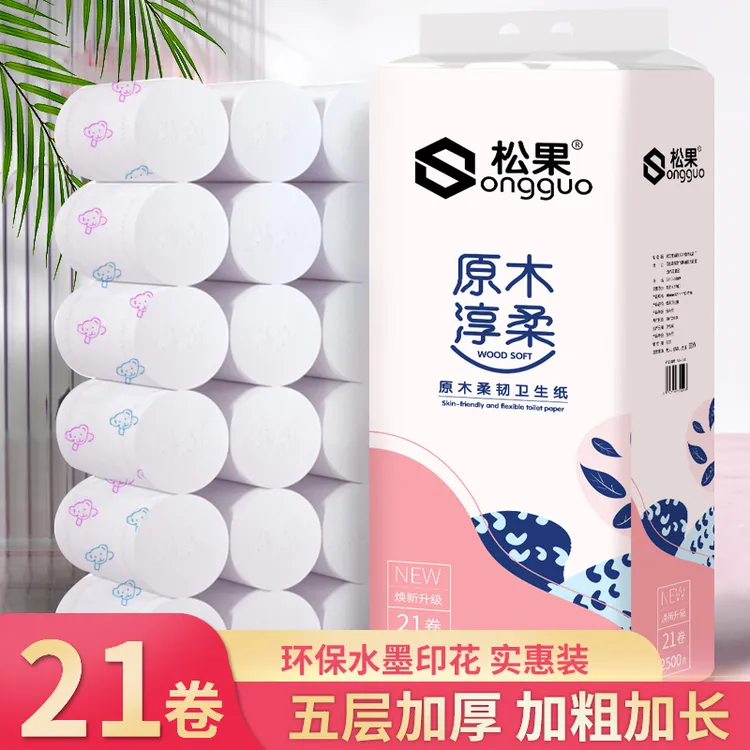 松果家用卷纸干湿两用卫生纸 5斤21卷卡通印花厕纸 实惠装卷筒纸