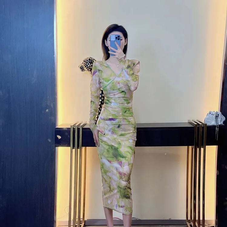 2025春夏款网纱V领长袖花色印花显瘦包身修身时尚百搭连衣裙长款