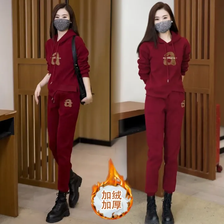 时尚加绒休闲运动套装女秋冬装新款宽松连帽上衣时髦小个子两件套