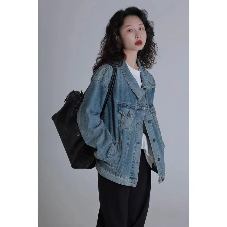 IVY YANG复古水洗做旧牛仔外套女2024秋季宽松休闲百搭夹克上衣