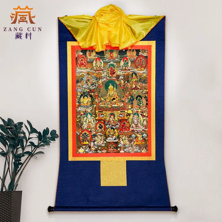 藏村《莲师财神唐卡》西藏镀金烫金家居唐卡装饰画玄关唐卡挂画