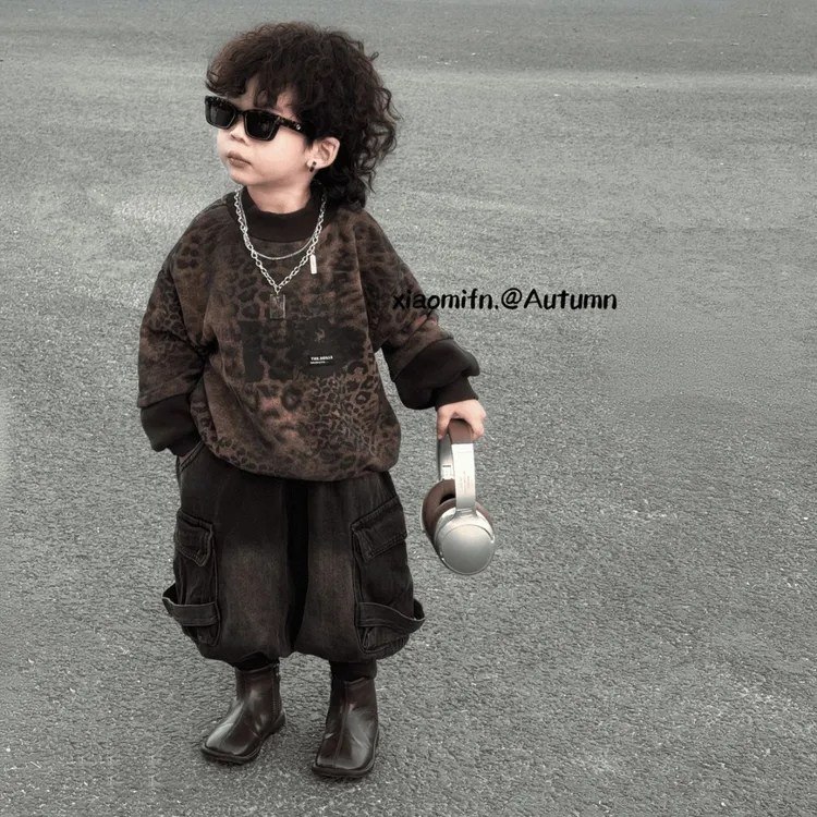 复古重工韩版男女童2025秋冬款洋气宝宝加绒豹纹卫衣牛仔两件套潮