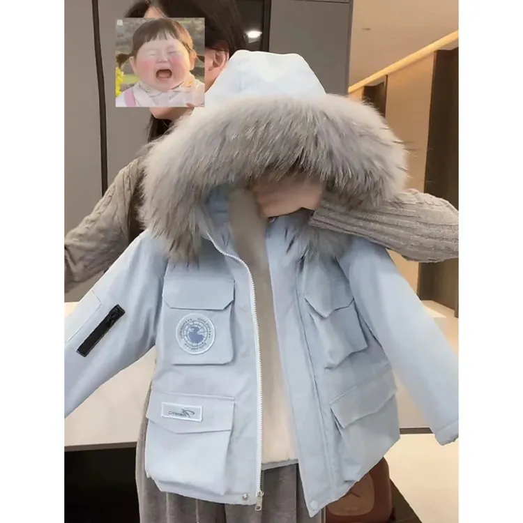 男童女童新款韩版潮流毛领冬季儿童户外保暖加棉加绒派克服棉服潮