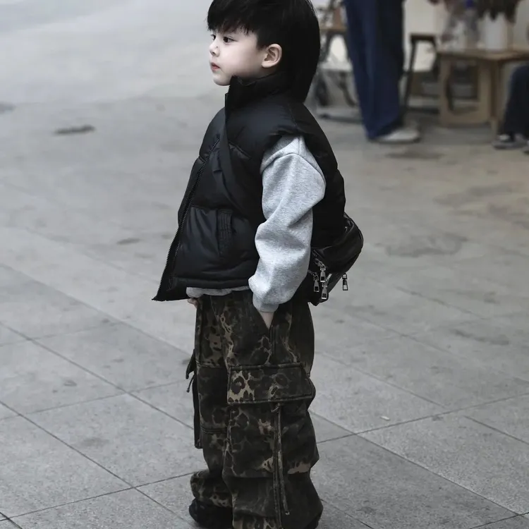 男童保暖手工棉马甲加绒豹纹裤子儿童两件套2025秋冬套装百搭加厚