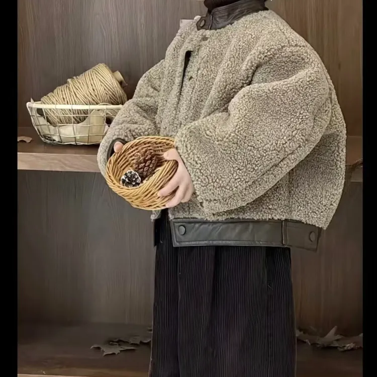 MNE300男童冬季毛毛衣棉服套装2025新款加绒薄绒拼接外套加绒裤子