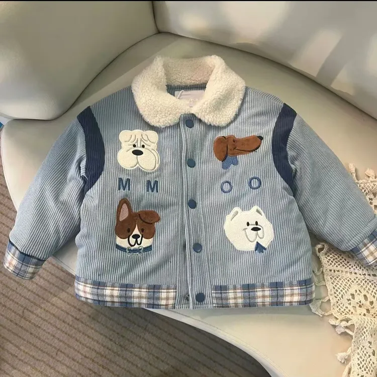 男童冬季新品卡通刺绣拼色夹棉加绒加厚棉袄翻领防寒保暖可爱外套