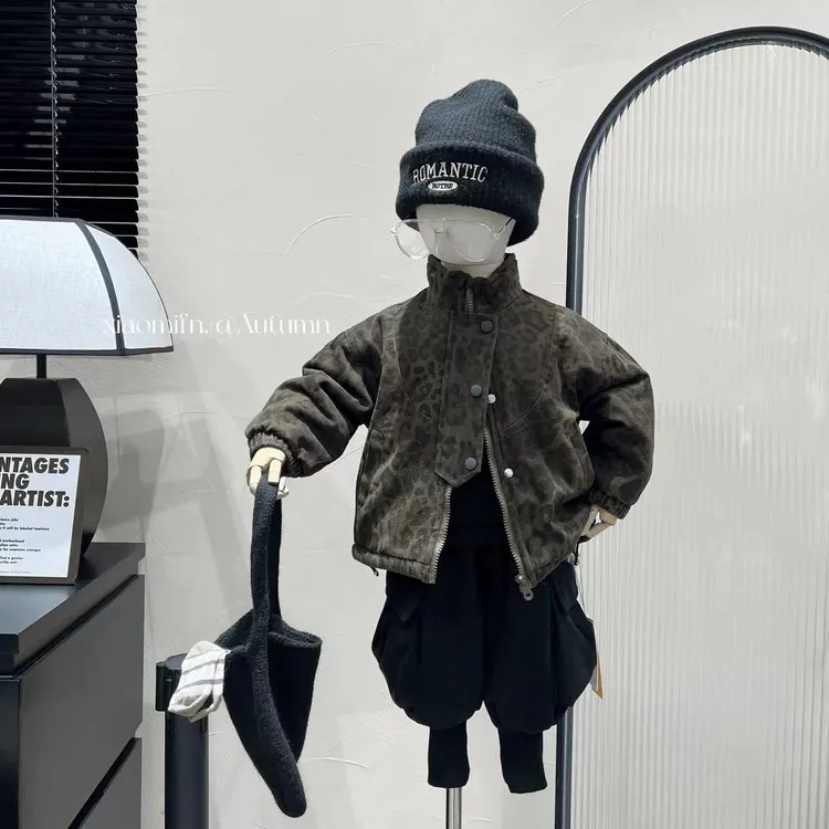 儿童2025秋冬新款男童韩版复古豹纹加绒外套洋气休闲加绒长裤