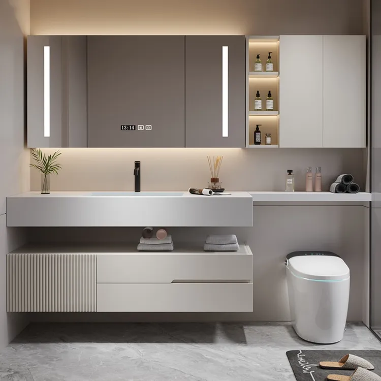 澳西施轻奢橡木奶咖色浴室柜延长边组合岩板高端浴室柜陶瓷一体盆