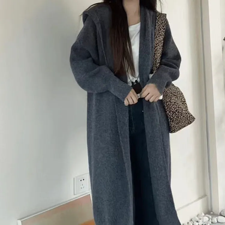 宽松大衣女毛衣外套长袖长毛衣开衫连帽秋季新款针织开衫中长款