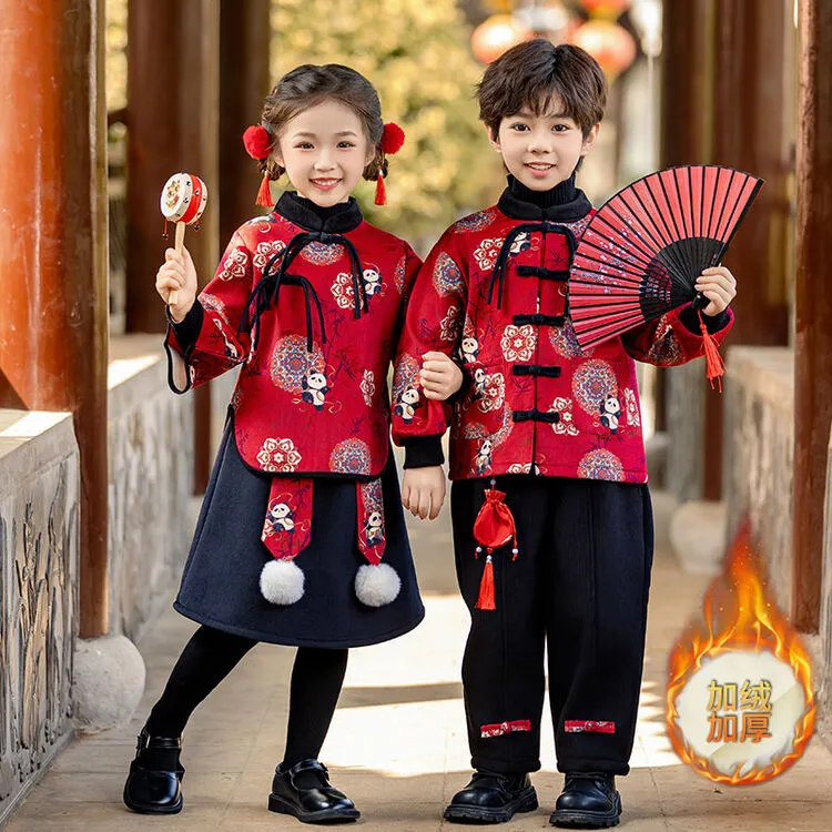 2024儿童女童中小童冬季拜年服加绒加厚中国风红色喜庆宝宝男女童